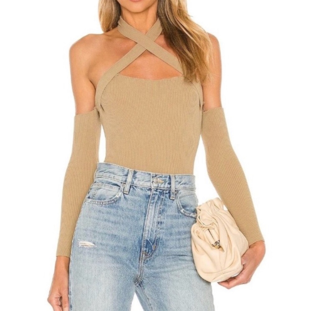 Revolve NBD Eva Off Shoulder Ribbed Top Taupe Size Large New with Tag